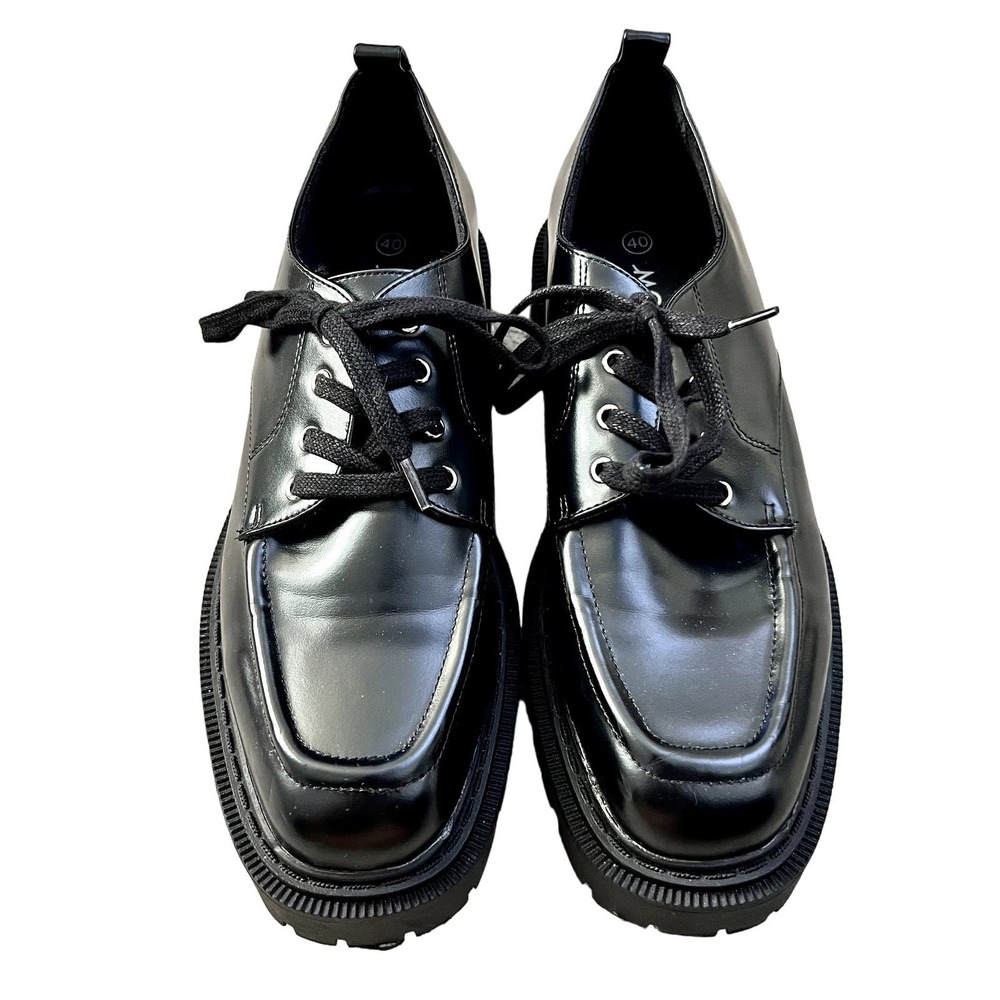 MONKI Women's size 8.5 Black Vegan Leather Chukka Chunky Lace Up Loafers Preppy - Picture 1 of 8